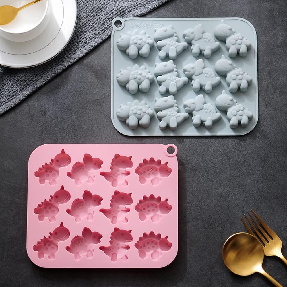 Paquete de 2 moldes de silicona de dinosaurio con 12 cavidades 3D con temática de dinosaurios para hornear, herramienta de horneado para pastel de