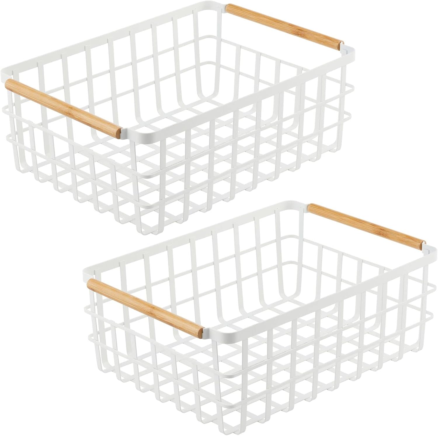 mDesign Cesta organizadora de almacenamiento de alambre de metal con asas de madera de bambú para despensa de cocina, contenedor rústico de granja