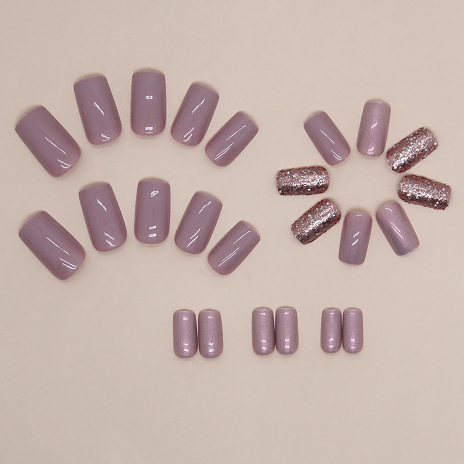 Uñas postizas a presión de color rosa, medianas, cuadradas, uñas postizas acrílicas con diseños de purpurina, uñas cuadradas brillantes, cobertura