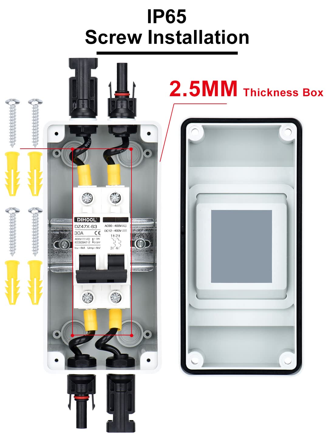 DIHOOL Interruptor de desconexión solar de 30 amperios, disyuntor en miniatura con caja de riel din caja al aire libre para paneles solares
