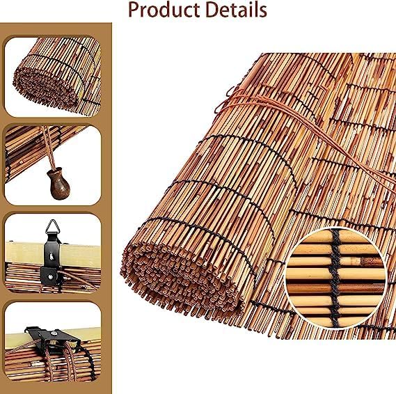 Persianas enrollables de bambú retro sin cordones, persianas de bambú para exteriores, persianas de bambú para patio con elevador, fácil