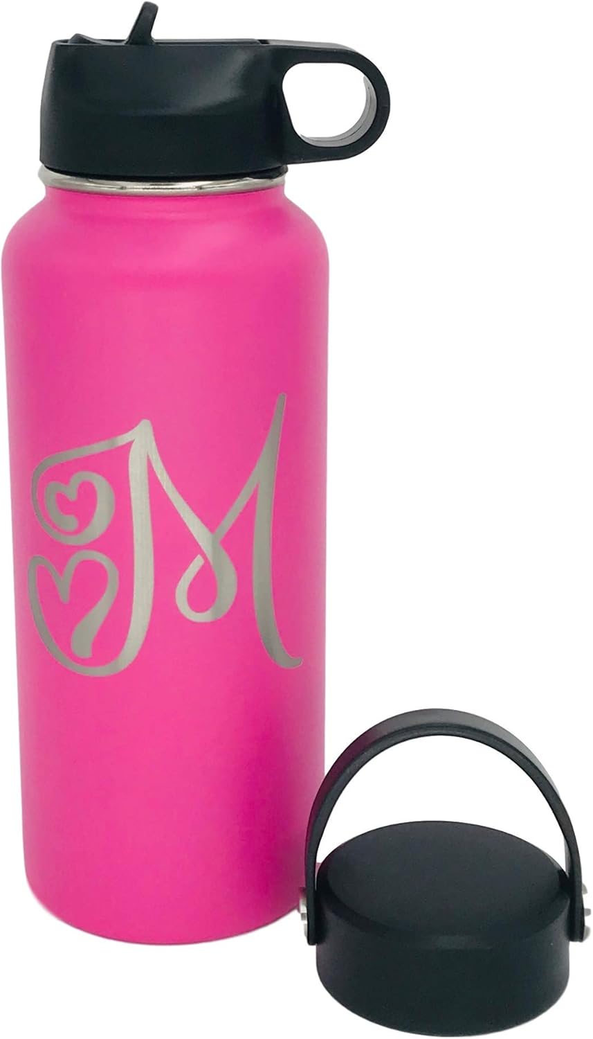 Hydro Water Bottle 32oz Flask Wide Mouth, Straw Lid AND Thermos Lid Custom Laser Engraved (Pink FrontBack Engraved)