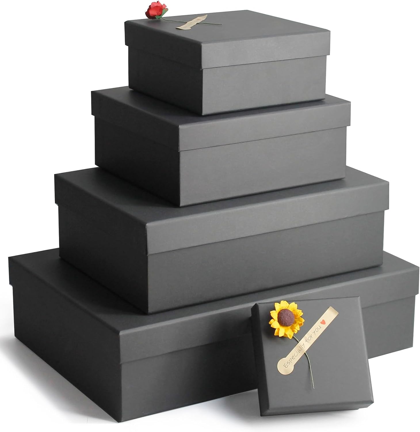 Cajas de regalo negras, un juego de 5 cajas de regalo con tapas para regalos, cajas preenvueltas para regalos, caja de regalo resistente para