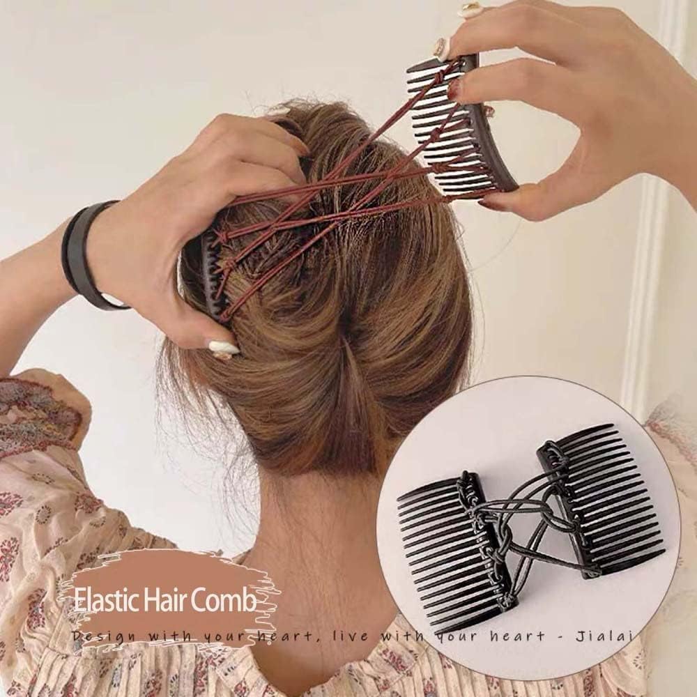 Peine de pelo elástico ajustable negro,Clip de pelo elástico doble peine,Horquillas para el cabello sin pliegues, horquillas dobles Peines para