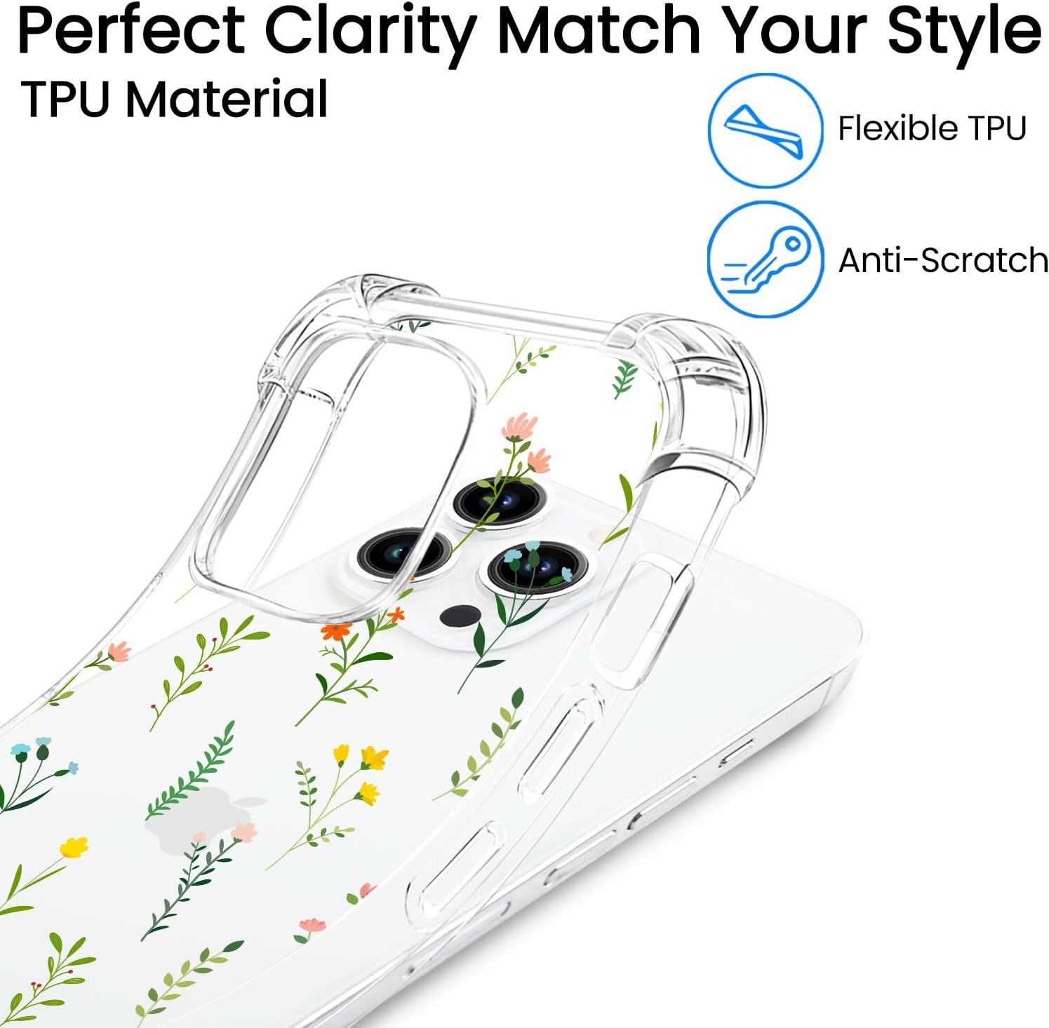 Hi Space Funda compatible con iPhone 15 Pro, diseño de patrón de flores, transparente floral para mujer, iPhone 15Pro, funda protectora de TPU suave