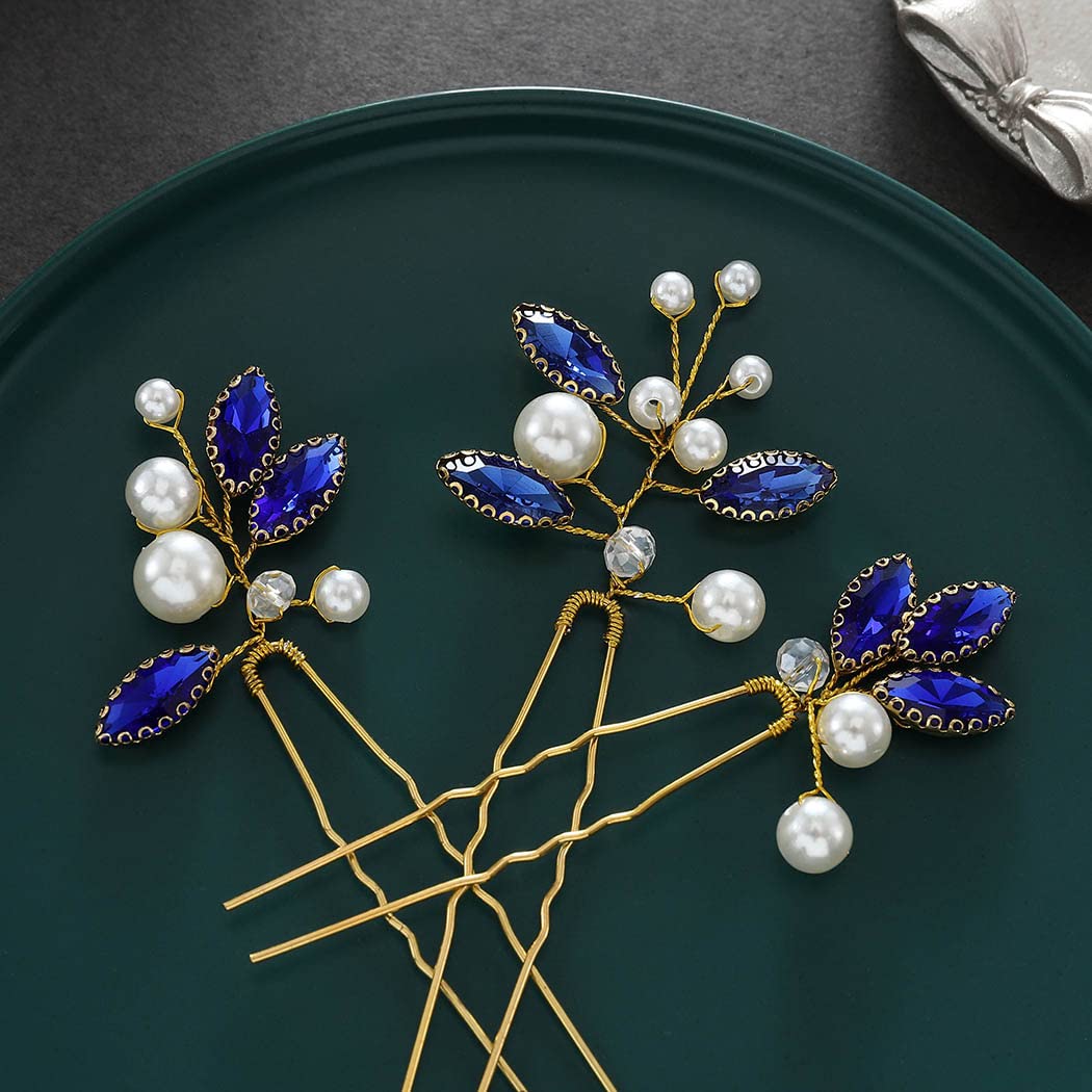 Latious Horquillas para el pelo de novia de novia, pieza de pelo de perlas de cristal azul, accesorios para el cabello para mujeres y niñas (paquete