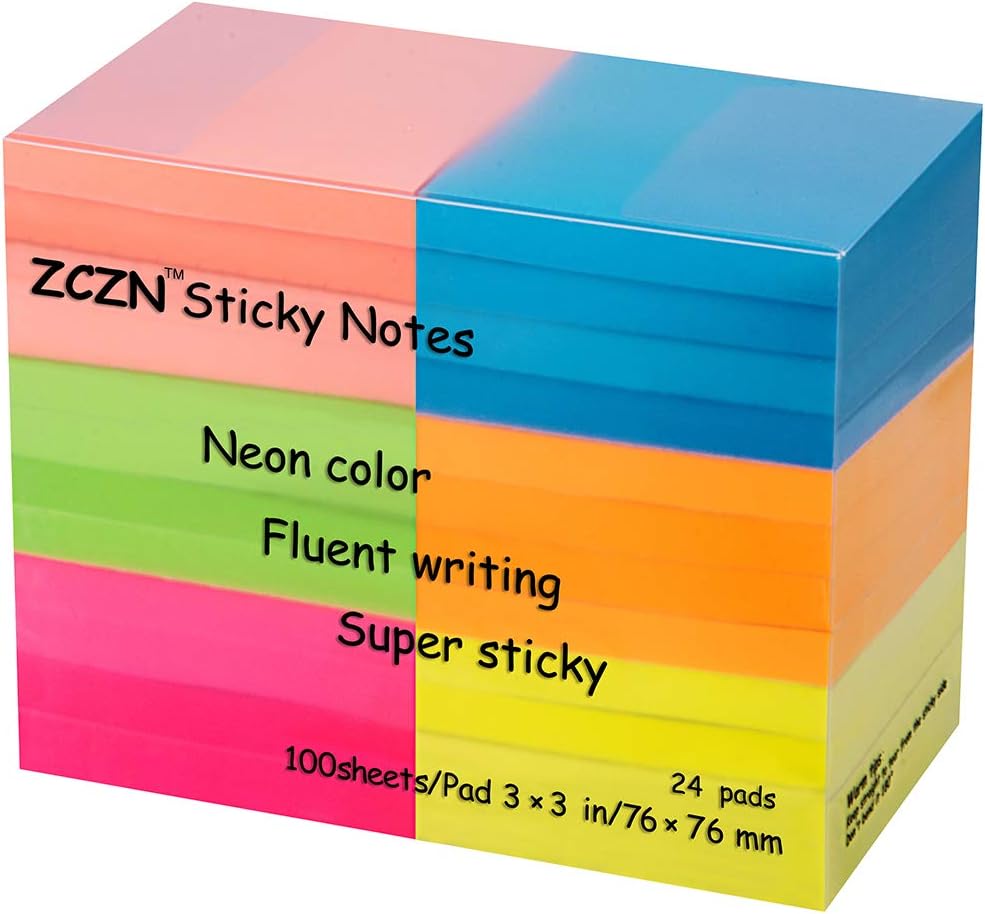 ZCZN – Paquete de 24 notas adhesivas de 3 x 3 pulgadas, 2400 hojas, 6 blocs de notas autoadhesivas de colores brillantes, fáciles de publicar para