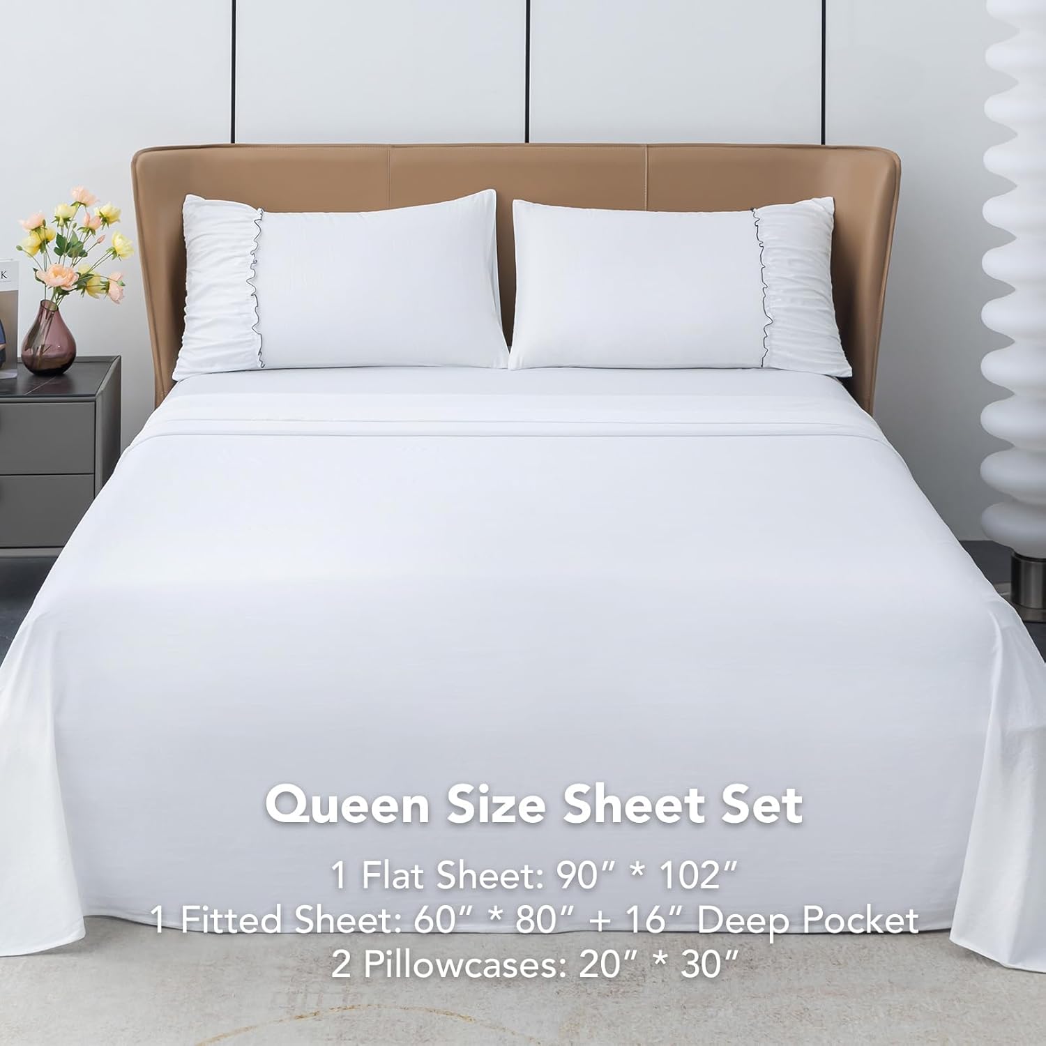 PY HOME & SPORTS Juego de sábanas de 4 piezas de 1800 hilos con funda de almohada decorada con ribete de encaje y bolsillo profundo de 16 pulgadas,