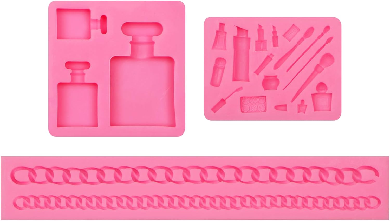 Muyulin Moldes de silicona de chocolate de cadena larga, 3 paquetes de moldes de silicona para botellas de perfume de maquillaje para cadena dorada,