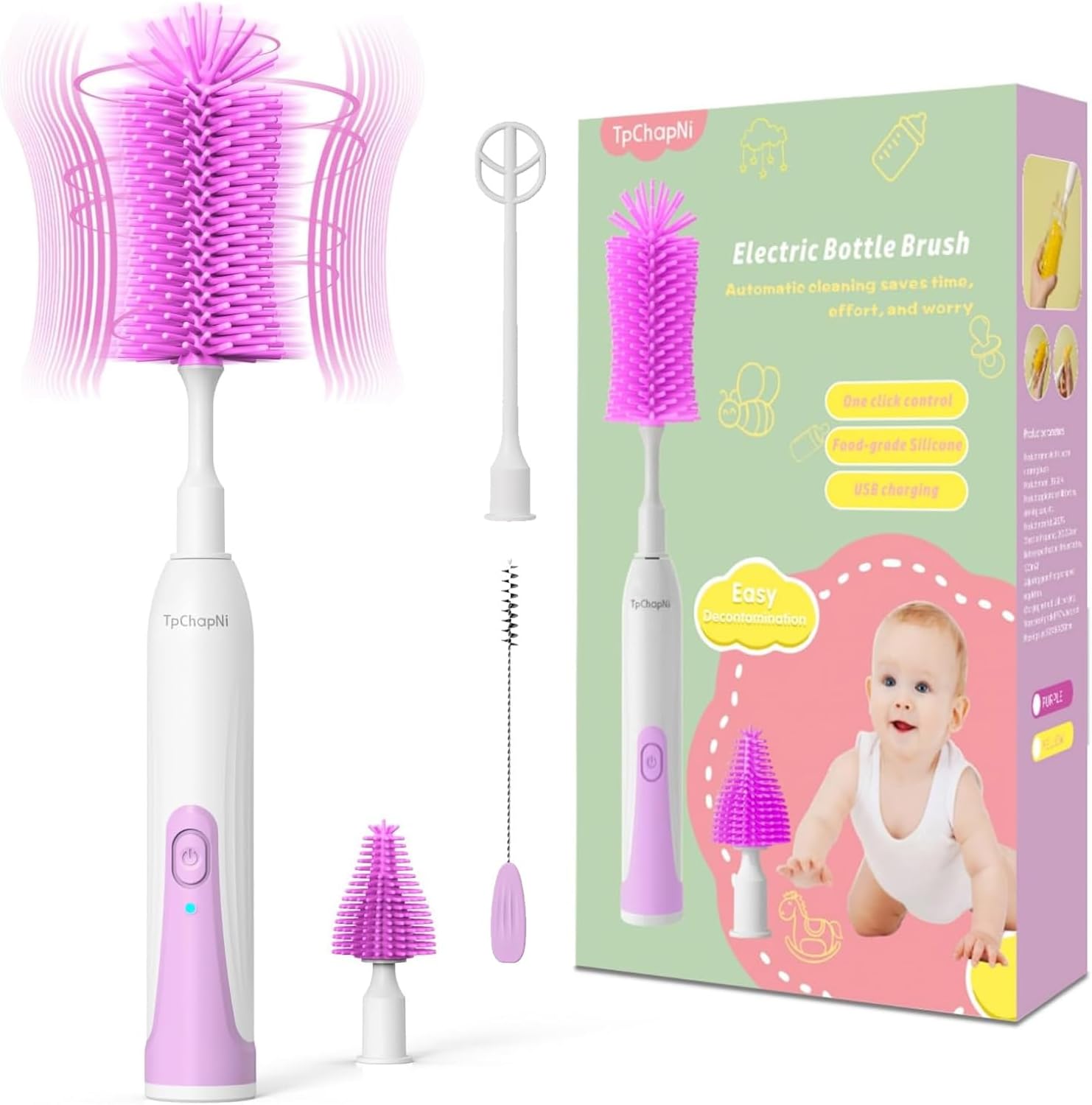 TpChapNi Limpiador eléctrico de cepillo para botellas, juego de limpiador eléctrico de cepillos para biberones, recargable con botella de agua de