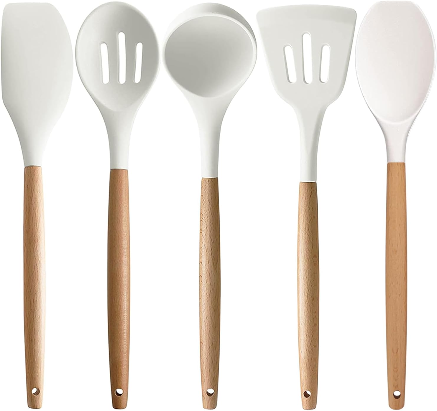 IOCBYHZ Juego de 5 utensilios de cocina de silicona, juego de utensilios de cocina con mango de madera resistente al calor, antiadherente, espátula