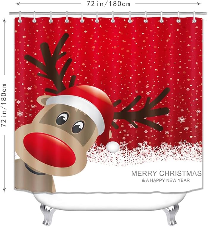HYHWPH Juego de cortinas de ducha de Navidad, 4 piezas con cortina de ducha, alfombra de tapa de inodoro, tapete de contorno y tapete de baño,