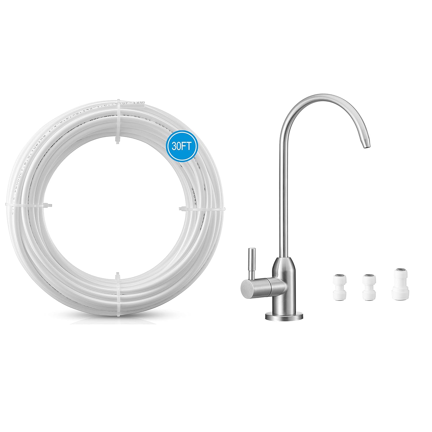 Grifo de agua de ósmosis inversaRO + tubo de agua O.D.RO de 30 pies y 14 pulgadas, grifo de agua potable sin plomo con manguera de plástico flexible
