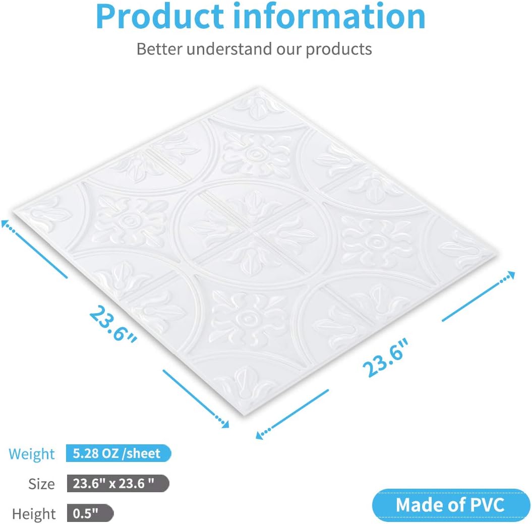Art3d Azulejos de techo de caída 2×2, panel de techo con pegamento, estilo clásico de lujo en blanco
