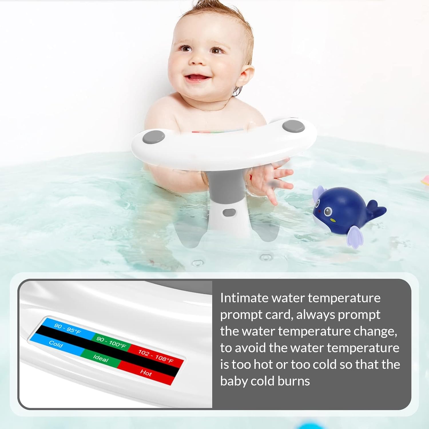 Asiento de baño infantil con termómetro, ventosas, juguetes, silla de baño para bebés de 6 meses en adelante