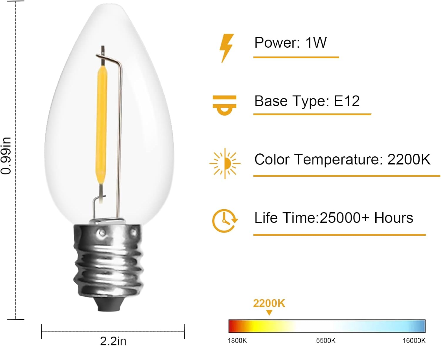 Jslinter Paquete de 25 bombillas LED C7 de repuesto, 1 W (equivalente a 11 W), 60 LM, 2200 K blanco cálido, inastillable, base de tornillo E12,