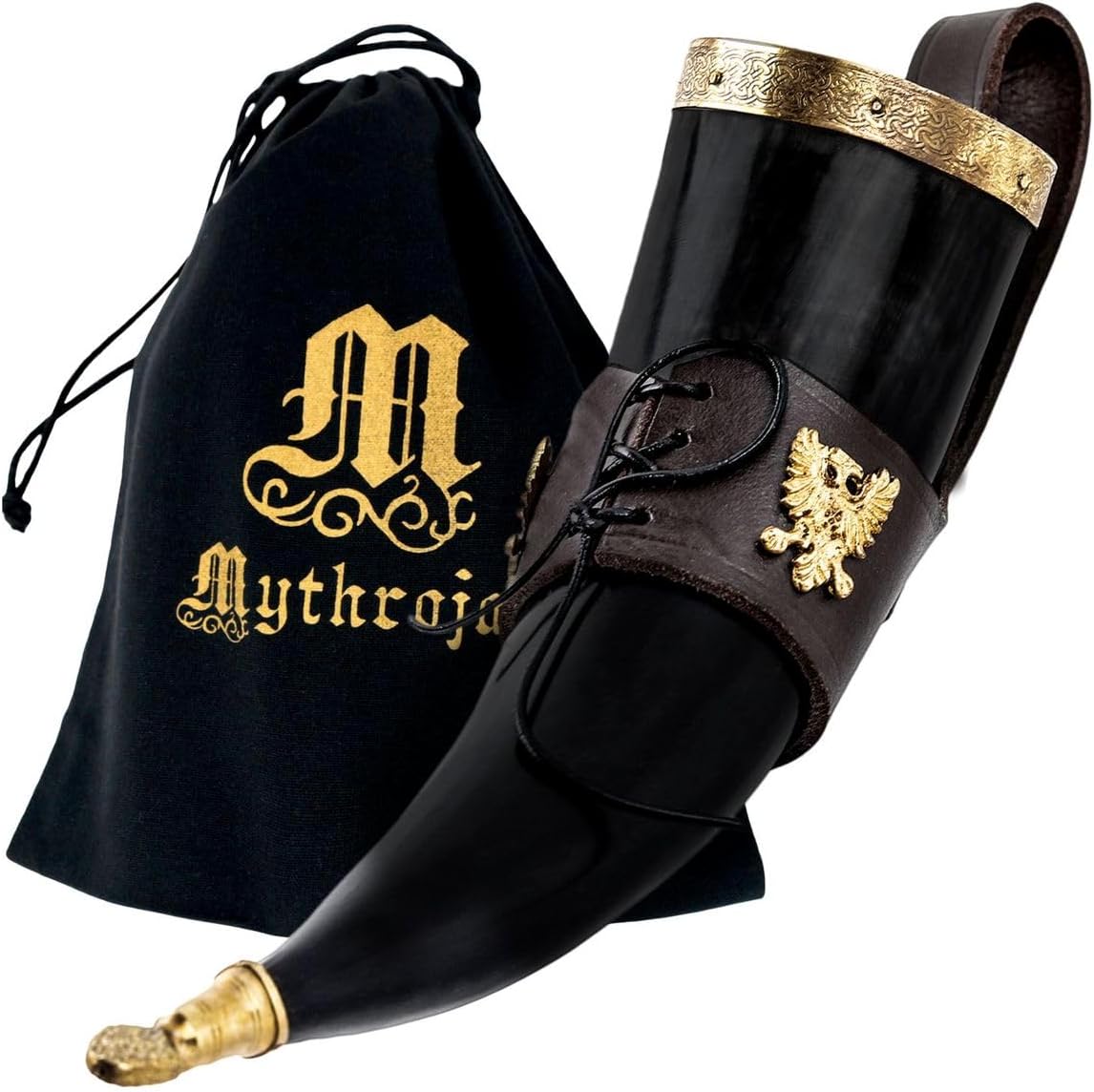 Mythrojan The Bird of Prey – Cuerno vikingo con soporte de cuero marrón, auténtica taza de vino vikingohidromiel inspirada en la Edad Media, acabado