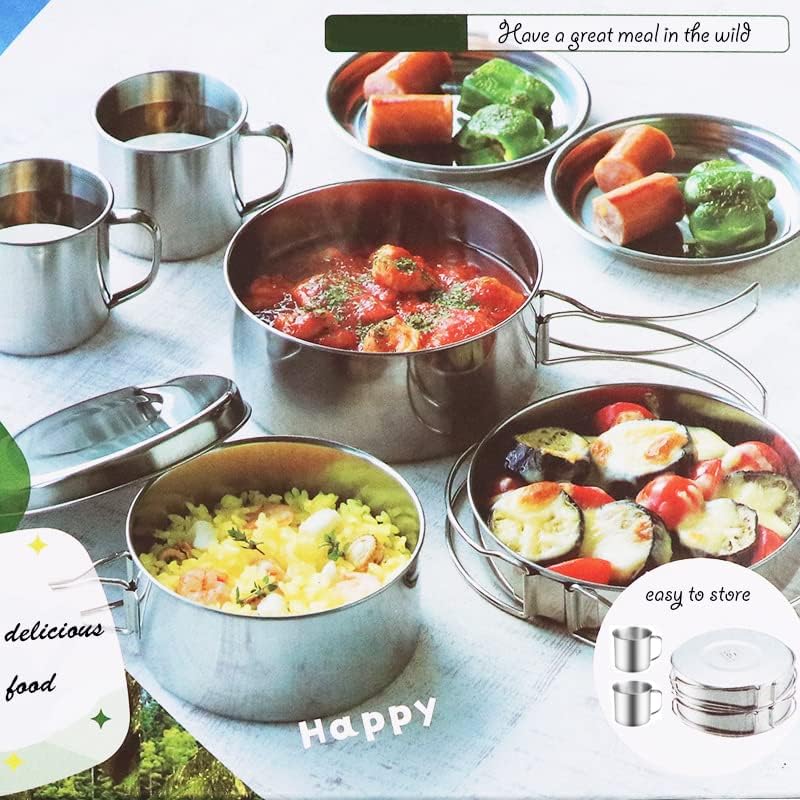 Juego de 8 utensilios de cocina para acampar para 2 personas, de acero inoxidable, compacto, juego de cocina, ligero, para mochilero, para acampar y