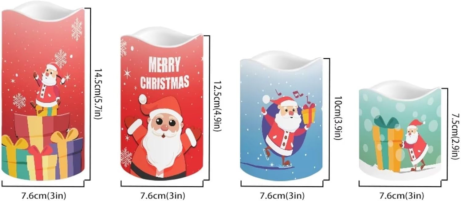 Velas sin llama de Papá Noel con control remoto para decoración de mesa del hogar, velas de pilar de Navidad a pilas, 4 paquetes