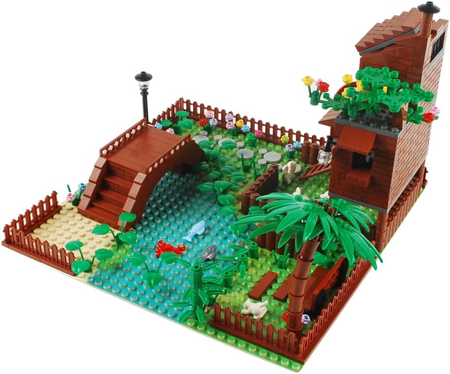 Bloques de construcción de granja de jardín, accesorios de sedería de parque, juego de plantas de ladrillos de construcción, juego de construcción