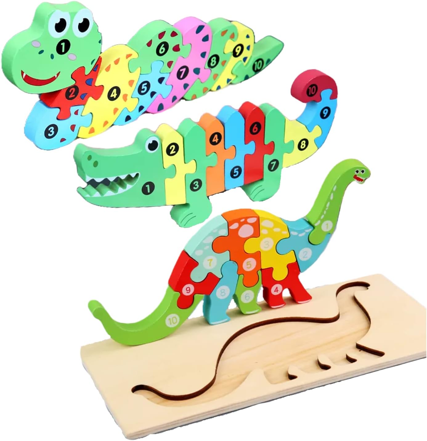 Juego de tres rompecabezas educativos Montessori de madera – Reptiles itinerantes paquete de 3, serpiente, cocodrilo, dinosaurio