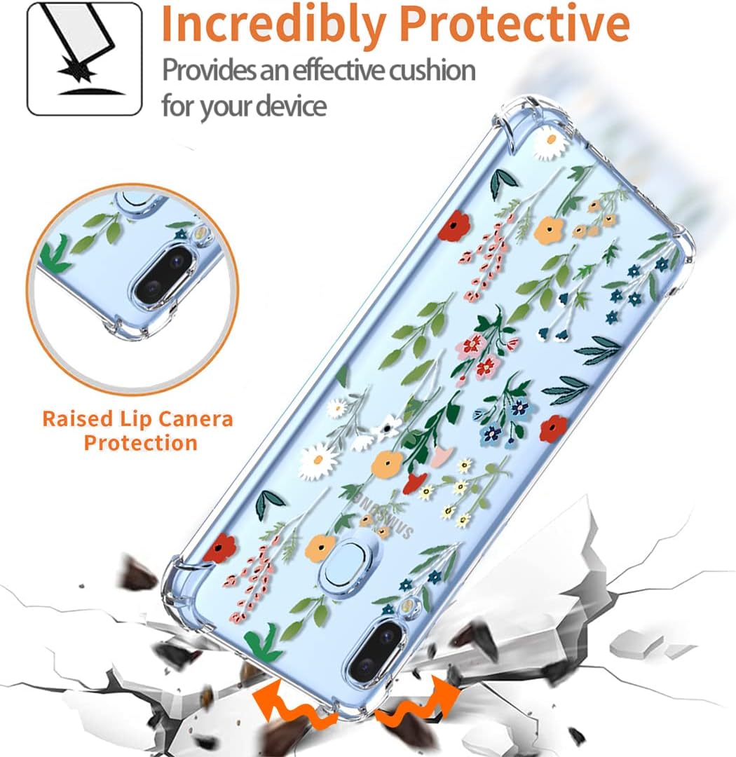 Funda para Galaxy A20Galaxy A30 SM-A205U SM-A305F Funda transparente con diseño de TPU suave absorción de impactos, patrón de jardín de flores,