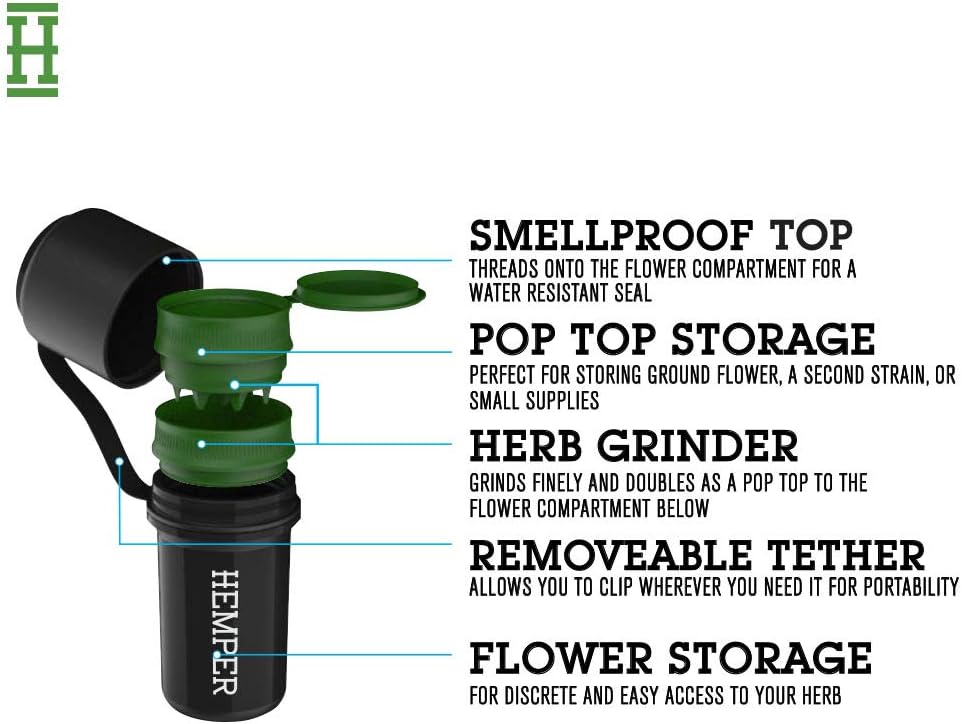 HEMPER Keeper – Molinillo 3 en 1 + sistema de almacenamiento con almacenamiento a prueba de olores con correa de sujeción lista para viajar  Ligero