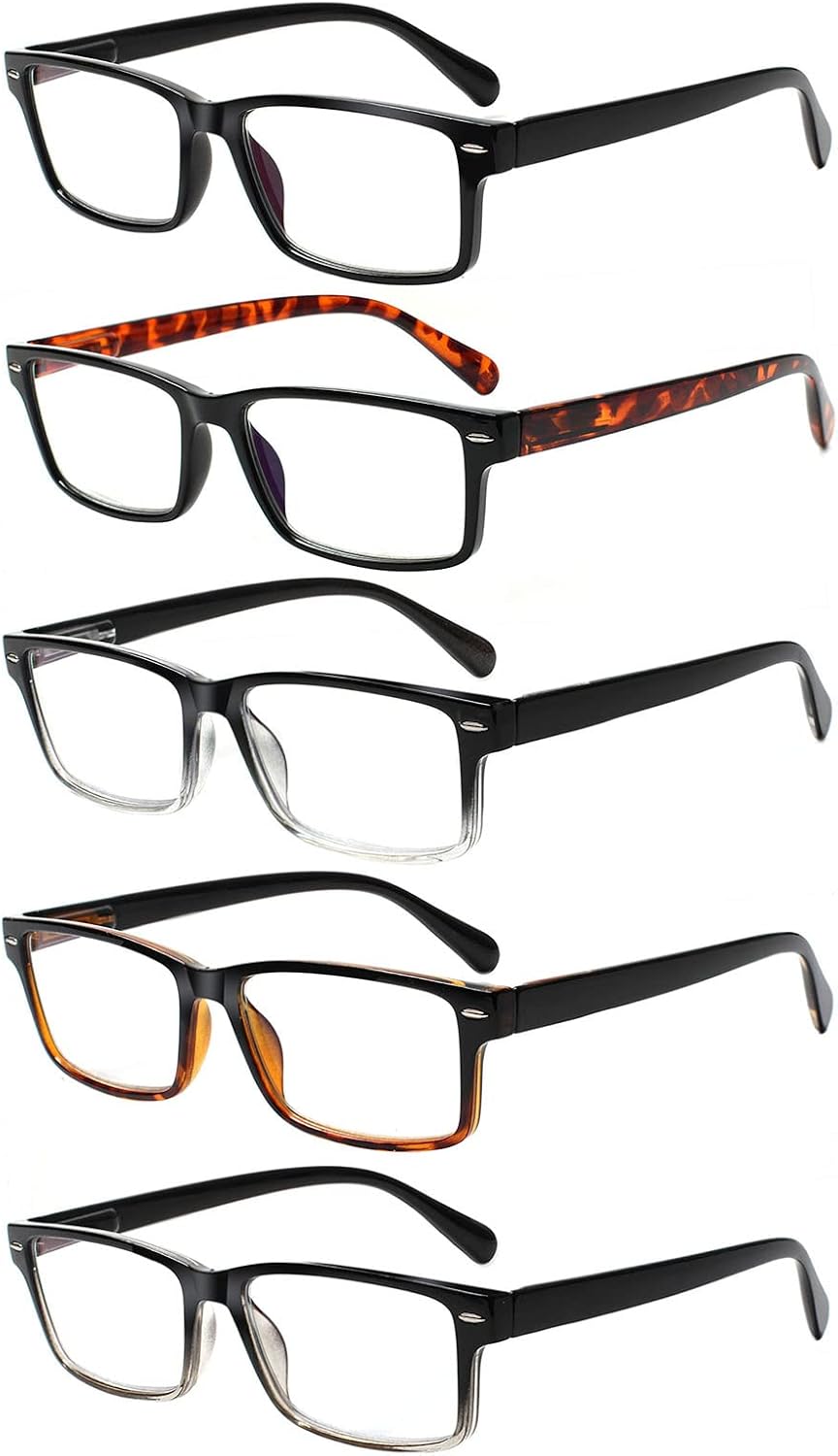 Henotin Paquete de 5 lentes de lectura de calidad, bisagra de resorte, lentes de bloqueo de luz azul para hombres y mujeres, Varios colores