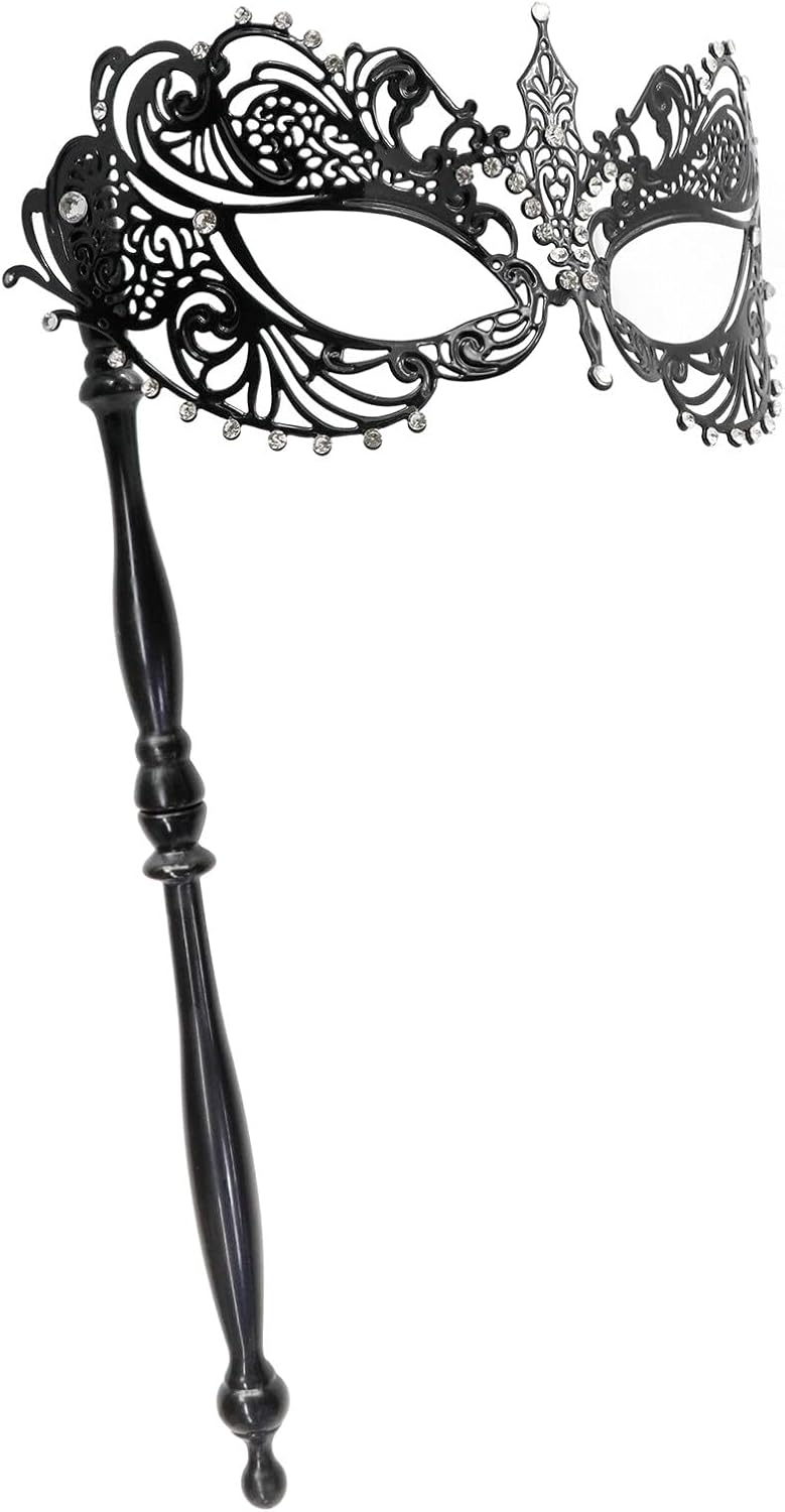Thmyo Máscara veneciana de fiesta de Mardi Gras de Halloween con palo de sujeción, máscara de mano con plumas de metal y diamantes de imitación