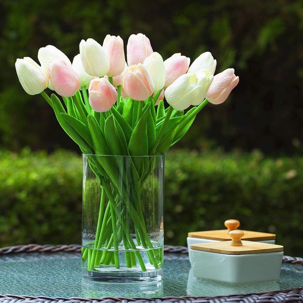 ENOVA HOME 20 arreglos florales de tulipanes artificiales de tacto real en jarrón de vidrio con agua sintética para decoración del hogar (blanco