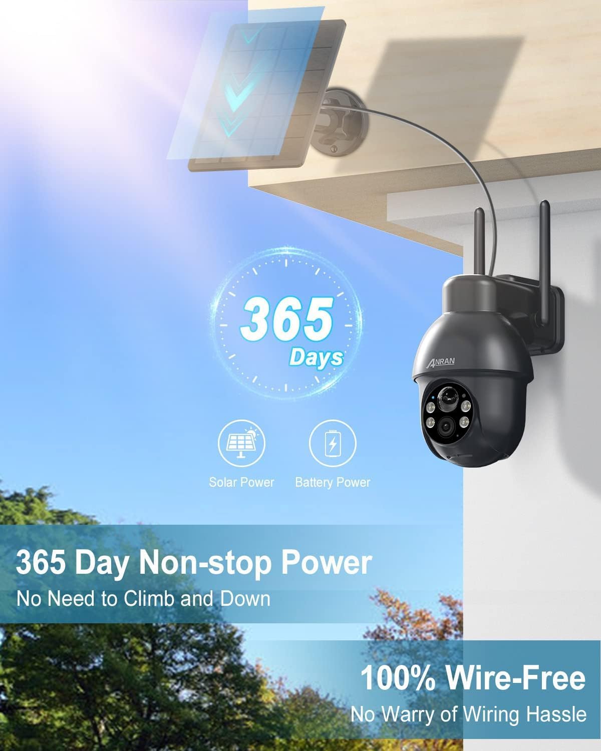 ANRAN Cámaras de seguridad inalámbricas para exteriores, cámara WiFi de seguridad solar de 2 K con PTZ de 360, visión nocturna, IP65 impermeable,