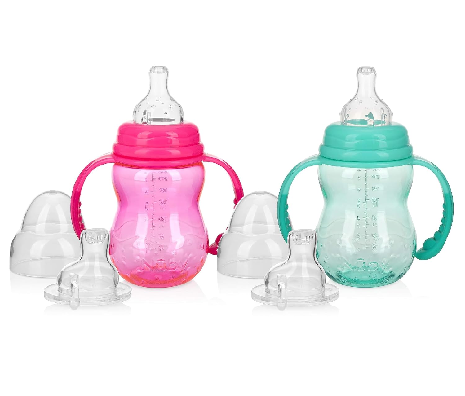 Nuby Botella de cuello ancho Tritan de 3 etapas Grow with Me sin derrames, 8 onzas, 2 unidades, rosaverde azulado