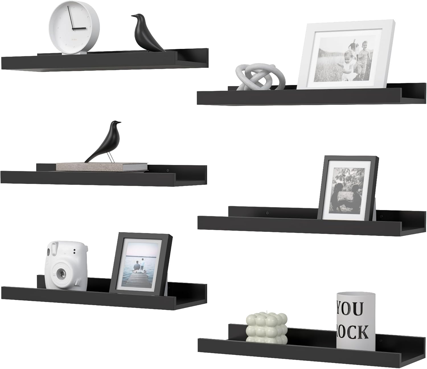 DOLLFIO Juego de 6 estantes flotantes, estantes de pared negros con labio, estantes de exhibición para decoración de pared, repisa de imagen moderna