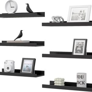 DOLLFIO Juego de 6 estantes flotantes, estantes de pared negros con labio, estantes de exhibición para decoración de pared, repisa de imagen moderna DOLLFIO Juego de 6 estantes flotantes, estantes de pared negros con labio, estantes de exhibición para decoración de pared, repisa de imagen moderna