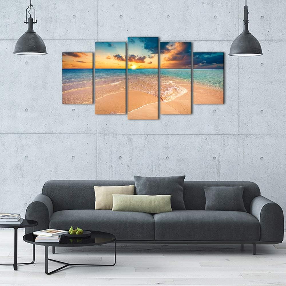 iKNOW FOTO Impresiones en lienzo divididas de 5 paneles grandes, playa tropical con arena blanca y turquesa transparente, arte de pared del océano,