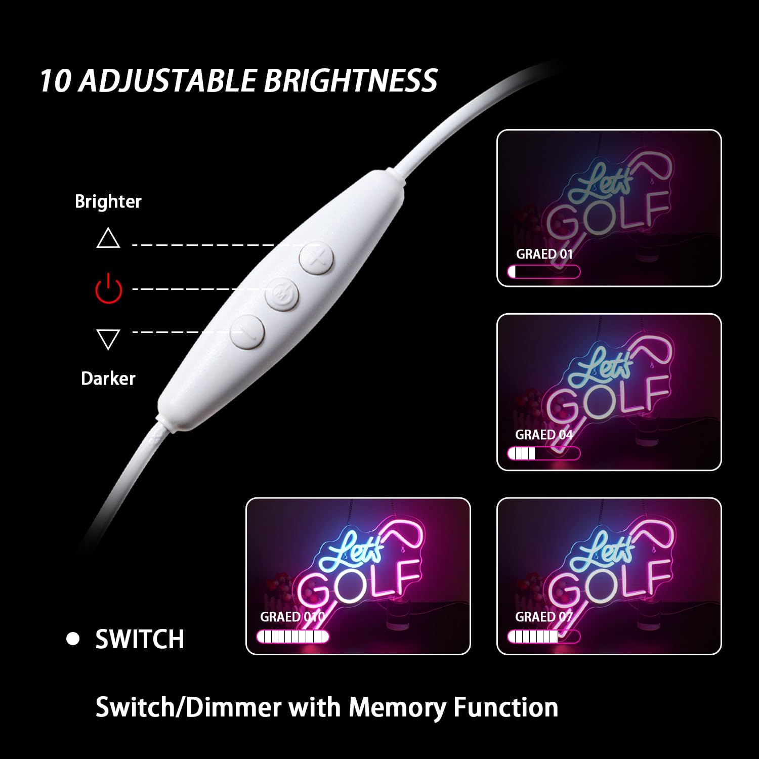 WX&YH Letrero de neón Let’s Golf  Letrero LED de golf, 10 letreros de neón creativos regulables para decoración de pared, letreros de luces de neón