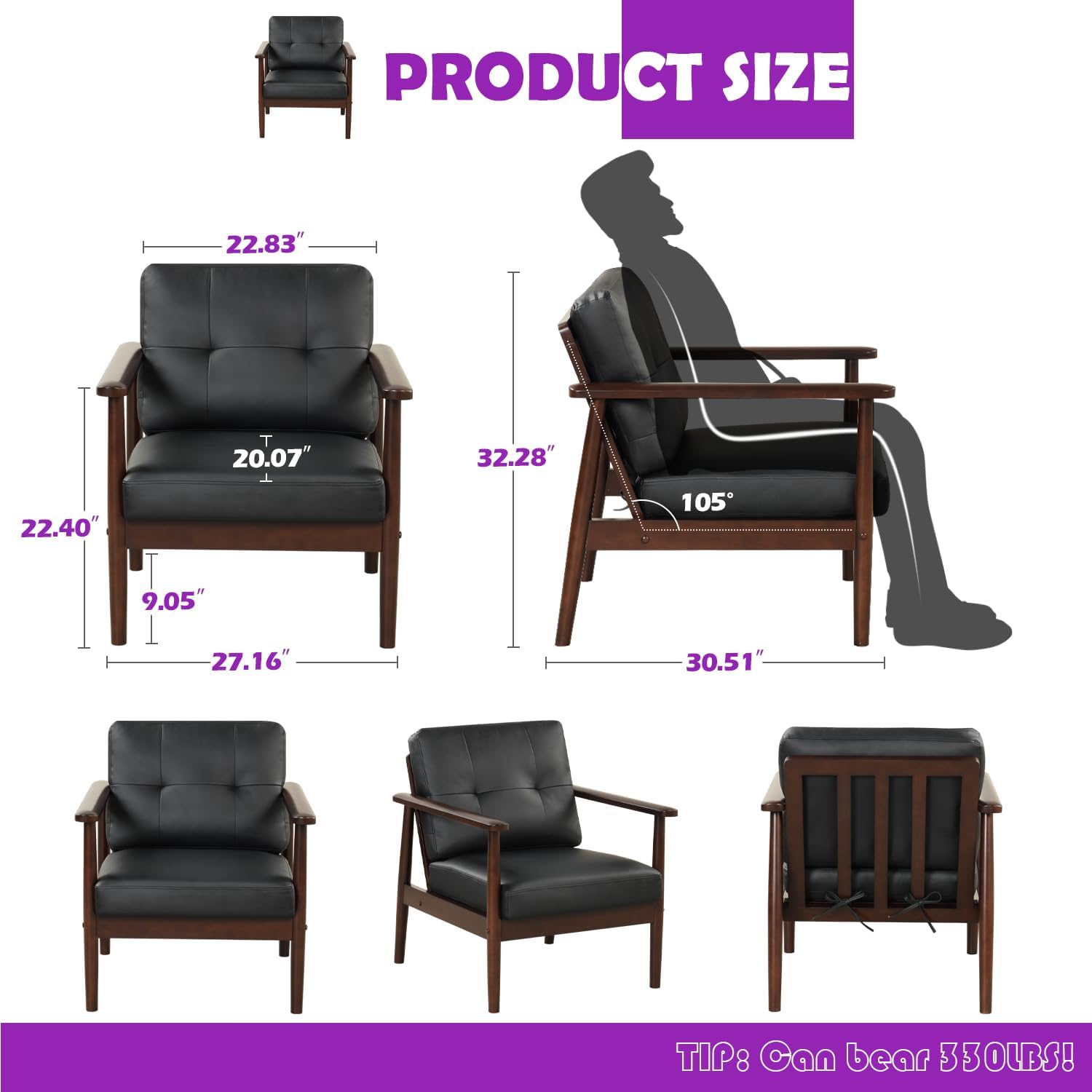 TYBOATLE Sillas decorativas retro modernas de mediados de siglo, sillón tapizado de piel sintética con marco de madera maciza y cojines extraíbles,