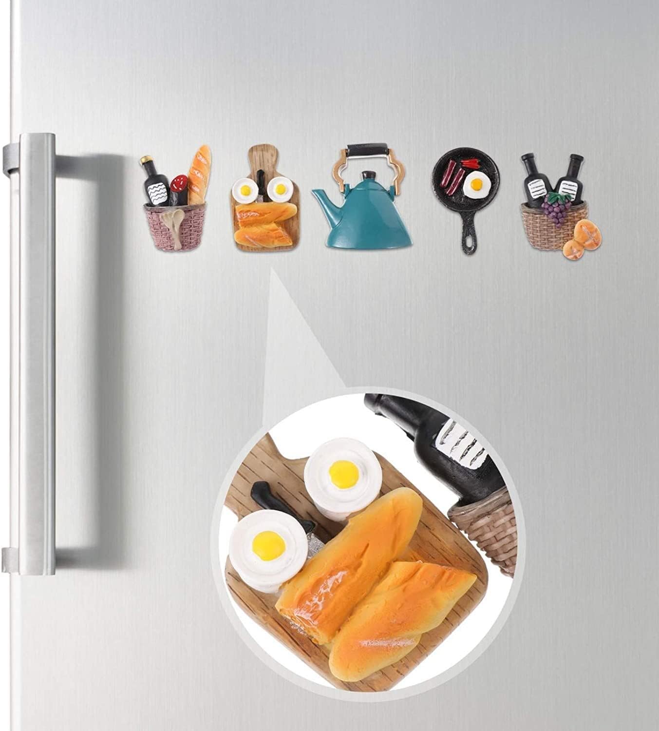 Bonitos imanes para refrigerador, 5 imanes de nevera, juguete de cocina, resina 3D, calcomanías artificiales para puerta de refrigerador, pan