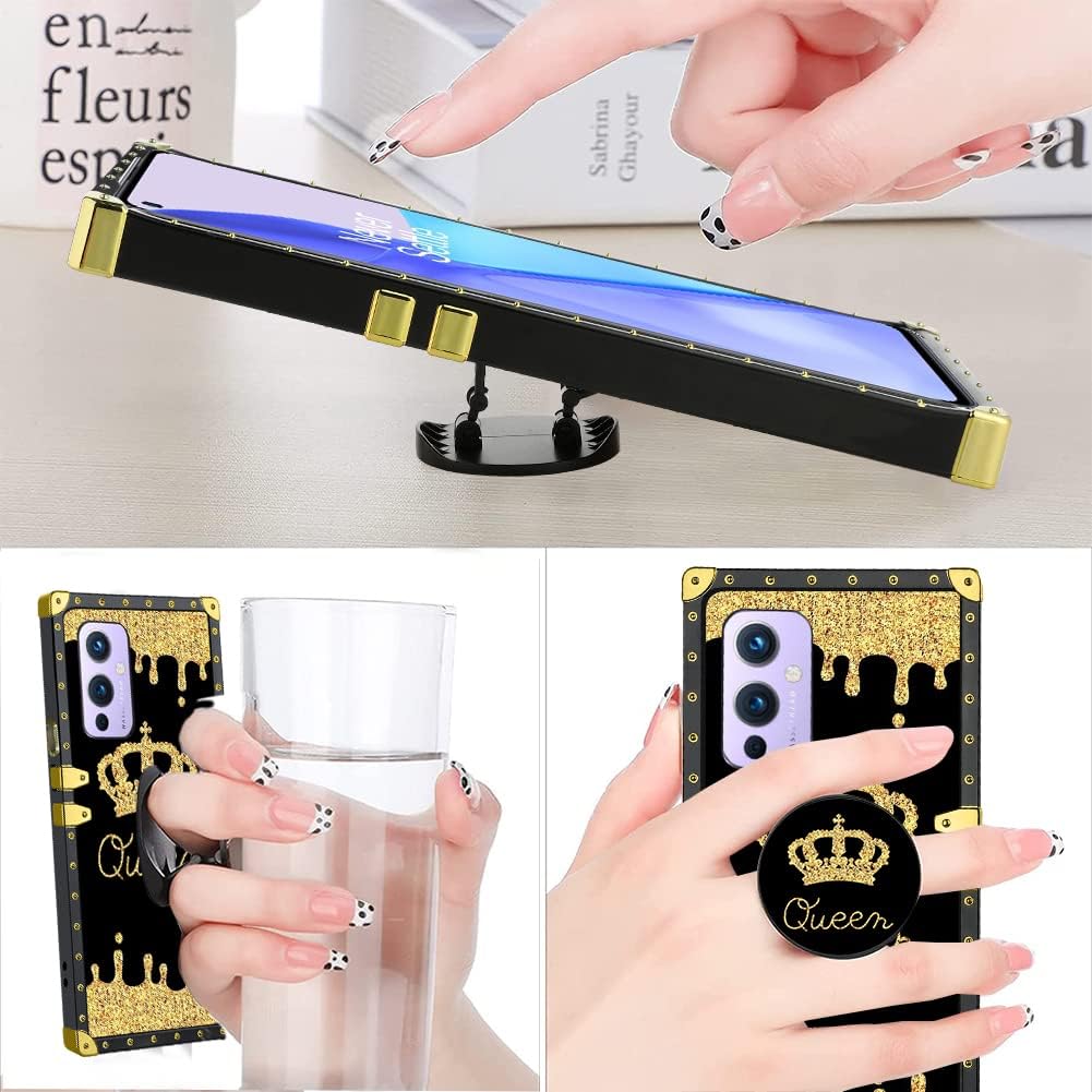 LSL Compatible con OnePlus 9 5G Funda cuadrada para teléfono, Queen Golden Crown de lujo, revestimiento de poliuretano termoplástico de lujo, a