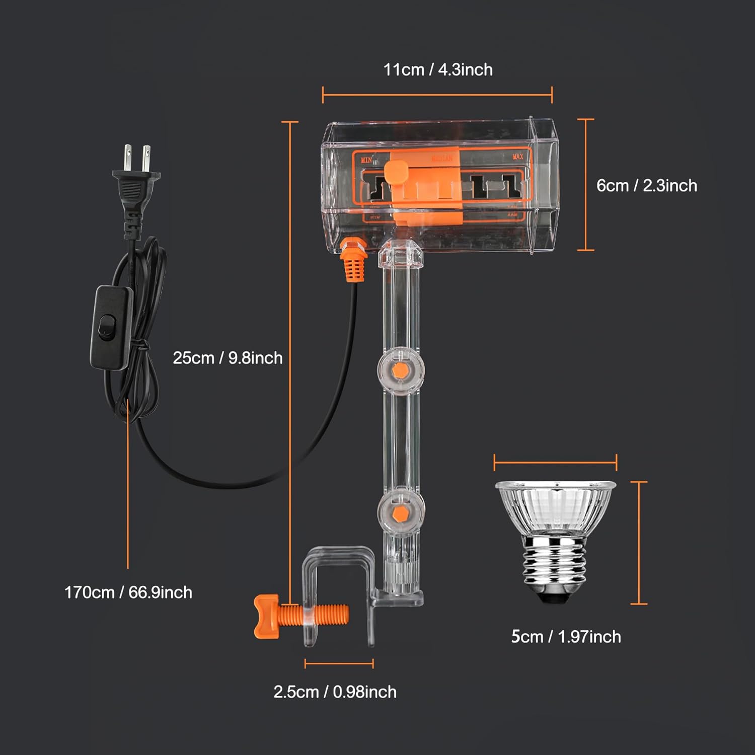 Clioran Lámpara UV de calor de reptil, luz UVA UVB con clip de tornillo, brazos giratorios ajustables de 360, lámpara Gecko de calefacción de
