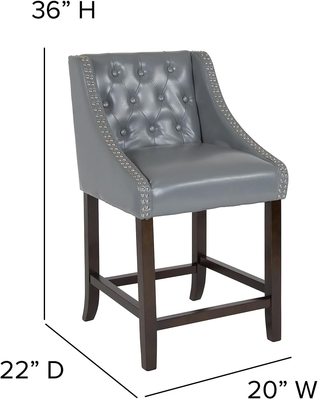 Flash Furniture Carmel Series – Taburete de transición de 24 pulgadas de altura de nogal copetudo con adornos de uñas en LeatherSoft gris claro