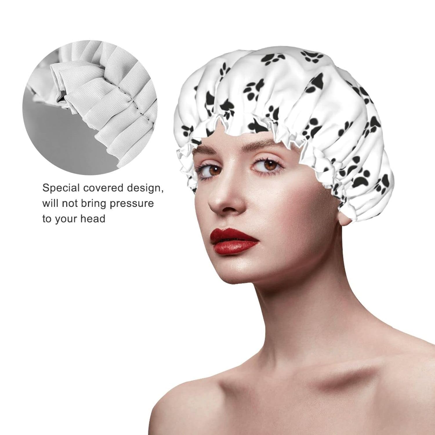 Gorro de ducha reutilizable con estampado de patas de perro para mujer, pelo largo, doble capa impermeable, gorro de ducha para niños, niñas y