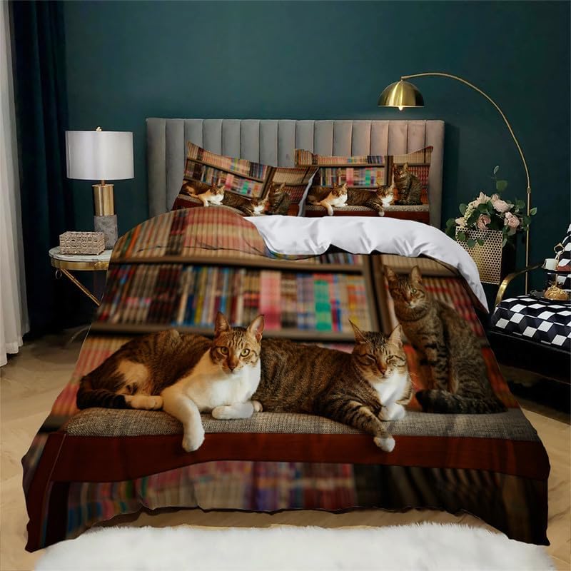 Dark Brown Cat Twin Duvet Cover Animal Print Twin Bedding Sets Soft Microfiber Comforter Cover and 2 Pillow Shams 20″X26″, Bed Set Duvet Covers with