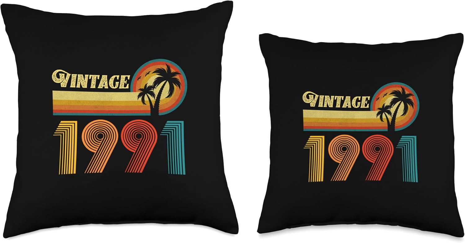 Vintage 1991 Birthday Gift for Men Women 33 Years Retro Palm Throw Pillow