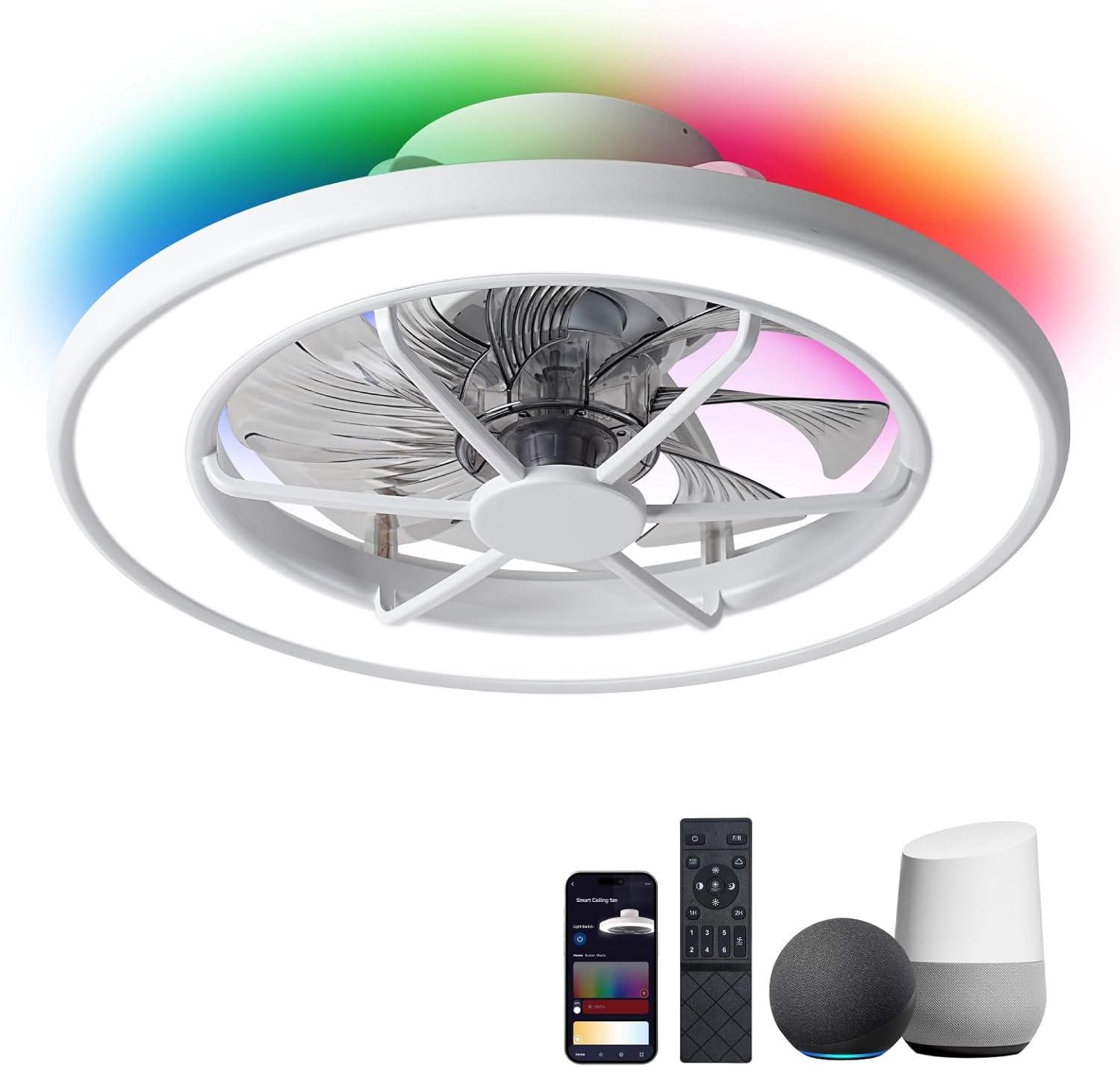 ocioc Ventiladores de techo de perfil bajo con luces, ventiladores de techo inteligentes de 18 pulgadas con AlexaGoogle AssistantApp Control que