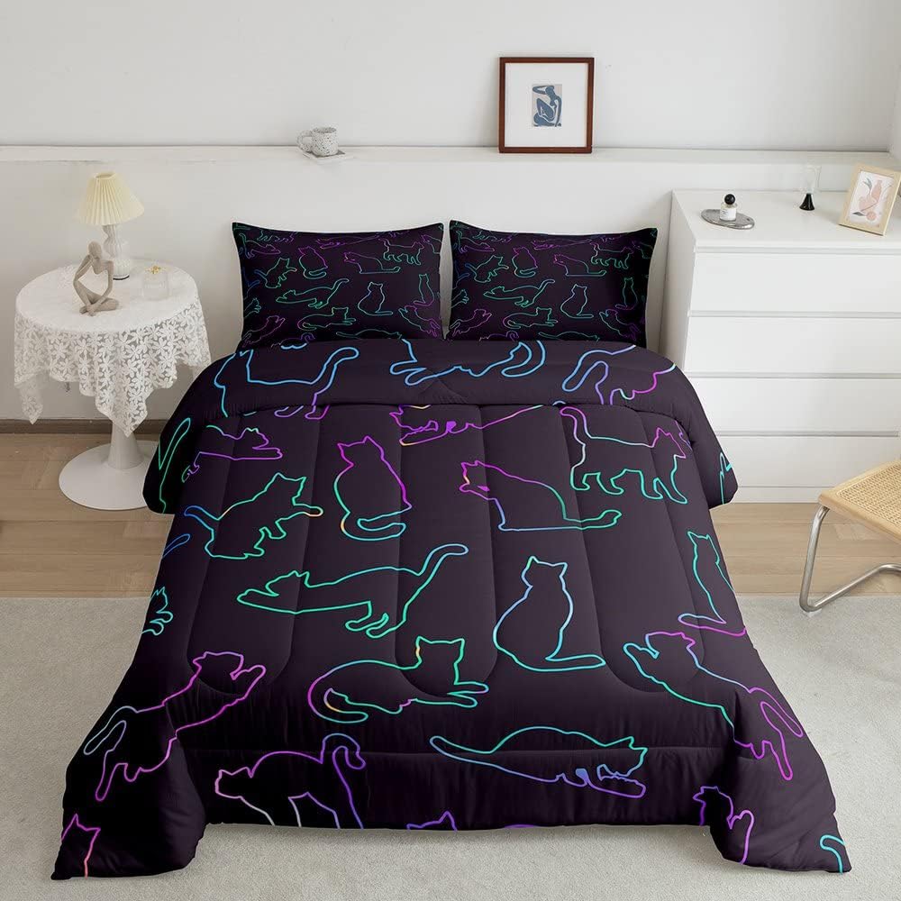 Erosebridal Juego de ropa de cama de animales tamaño matrimonial, juego de edredón de gato neón degradado, juegos de ropa de cama y colecciones de