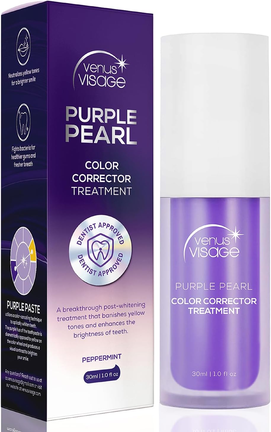 Venus Visage Pasta de dientes Color Corrector Purple – Dentífrico blanqueador púrpura deslumbrante para eliminar manchas – 1.0 fl oz