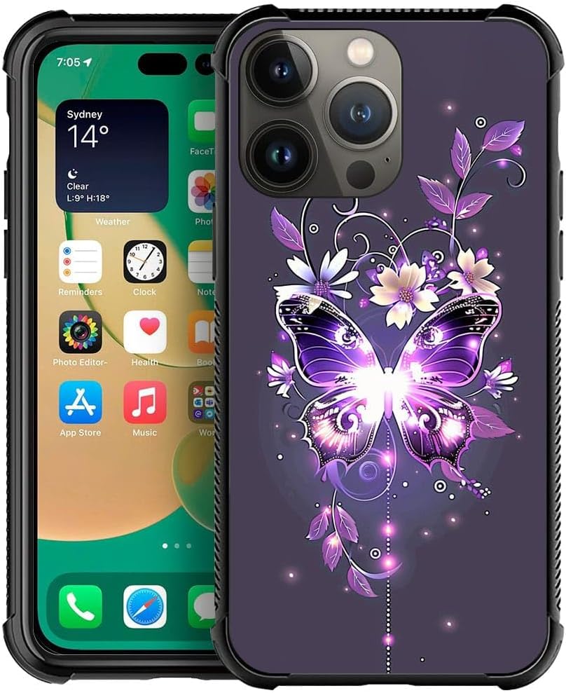 Funda compatible con iPhone 13 Pro Max, diseño de flores moradas brillantes, diseño increíble de patrón a prueba de golpes, antiarañazos, carcasa