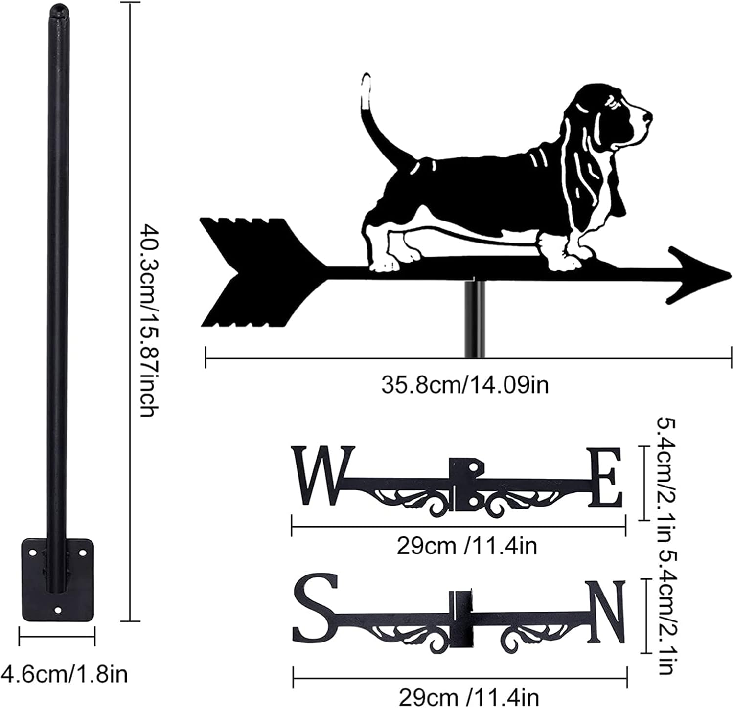 Veleta de metal para perros y pollo, diseño de flechas negras con techo de montaje para exteriores, granja, patio, jardín, kiosco, basset hound