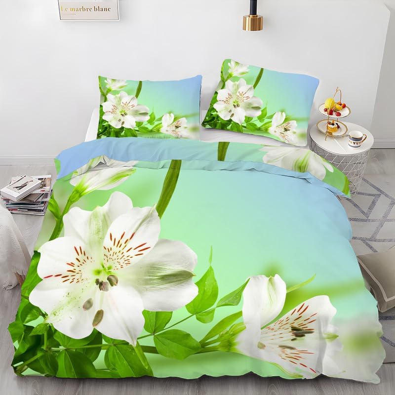 Green Peach Blossom California King Duvet Cover Flowers Print Bedding Soft Microfiber Comforter Cover and 2 Pillow Shams 20″X36″, Bed Set Duvet